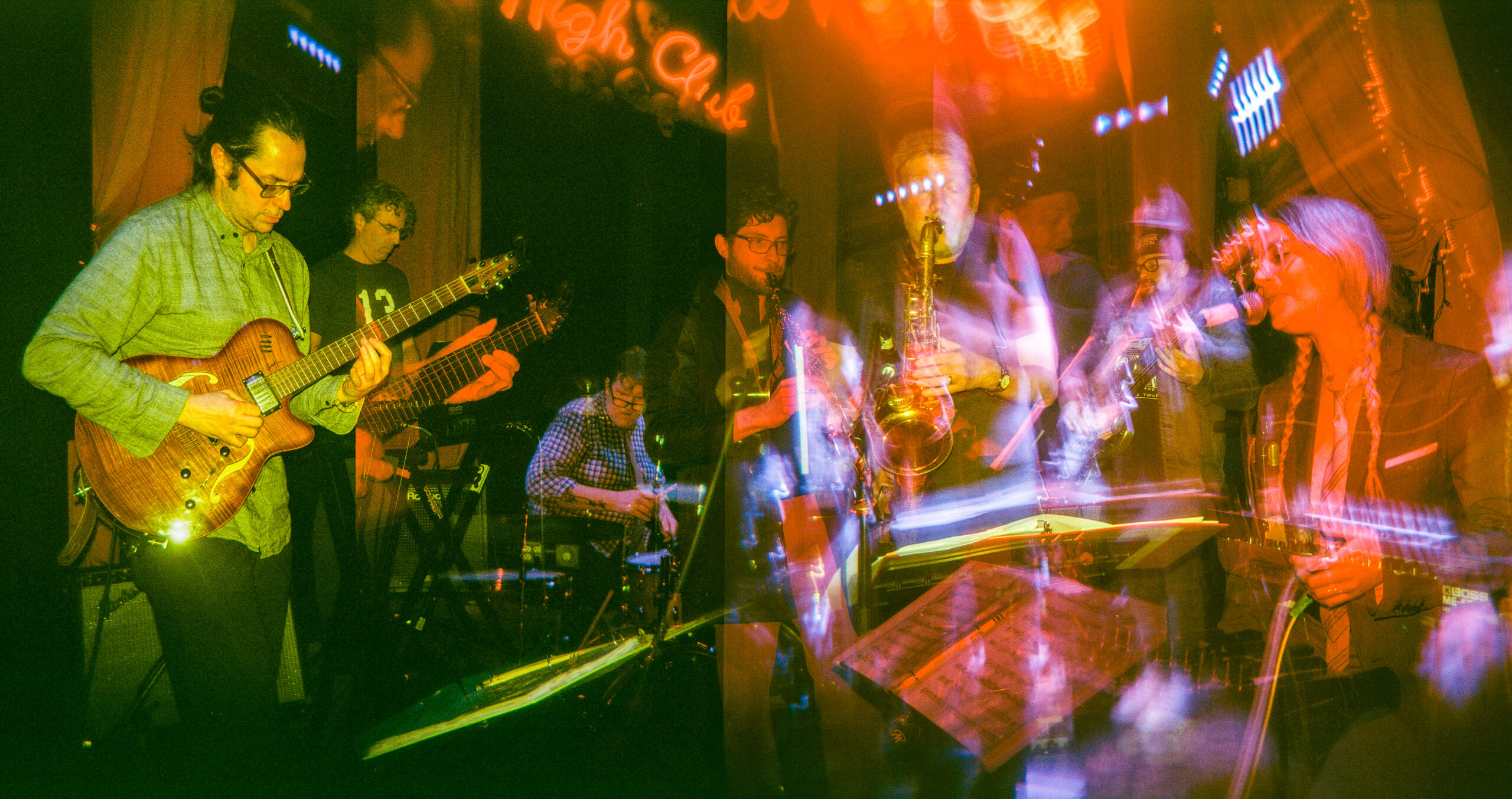 Double exposure analog colorful photograph of the band playing at Eli's Mile High Club. Light streaks, guitar, saxophone, a women with white hair in braids sings...